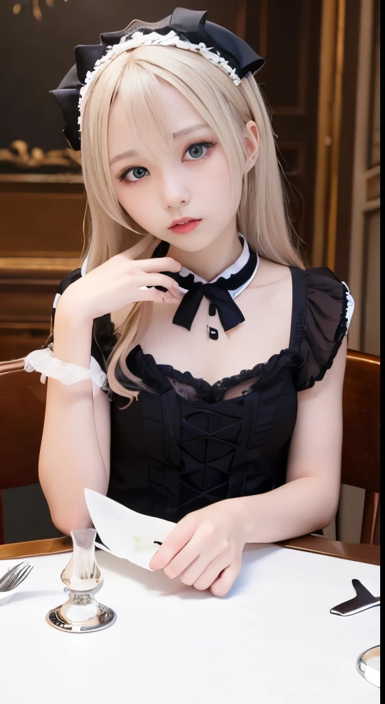 (Tabletop, Highest quality:1.2), 8K, 85mm, Official Art, RAW Photos, Absurd, Platinum Blonde Hair, (blue eyes, Lolita Fashion, Sweet Lolita, Gothic, dress:1.2), Idol's face, Upper Body, beautiful girl, Gardeniass, Copenhagen, Short sleeve, grace, Sophisticated, Gardenia, View your viewers, Film Grain, chromatic aberration, Sharp focus, Face Light, Dynamic Lighting, Cinema Lighting, Detailed face, Bokeh Background