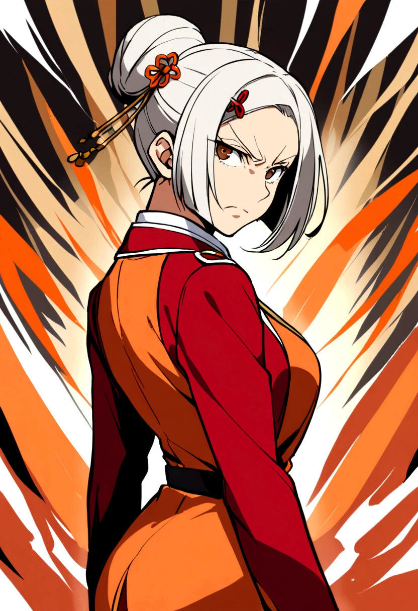 50 year old woman, white hair, bun with hairpin, brown eyes, orange dress, red jacket