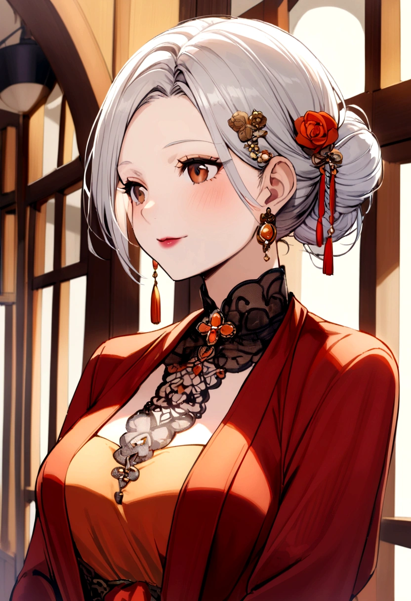 50 year old woman, white hair, bun with hairpin, brown eyes, orange dress, red jacket