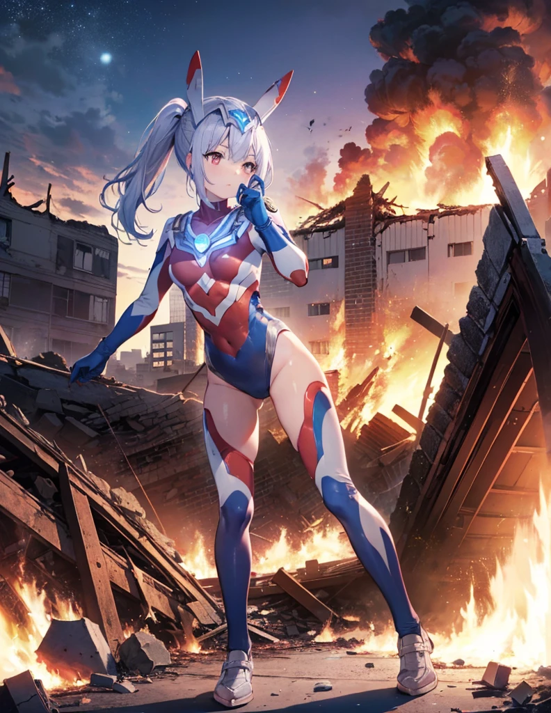 (Close-up:1.3),Realistic,Highest quality, Ultra Detail, High-quality CG rendering, The most delicate and beautiful, Floating softly, High resolution, (1 girl), (Highest quality,4K,8K,masterpiece:1.2) ,Light purple hair,Rabbit,Bunny ears,ponytail,Red eyes,(Ultra Girl:1.0),(All blue Ultraman bodysuit:1.4),(All blue gloves:1.3),(All blue shoes:1.3), (Fighting Pose:1.2), (Are standing:1.3),(A city engulfed in flames:1.3),(Buildings in flames:1.3),(Burning Ruins:1.3)