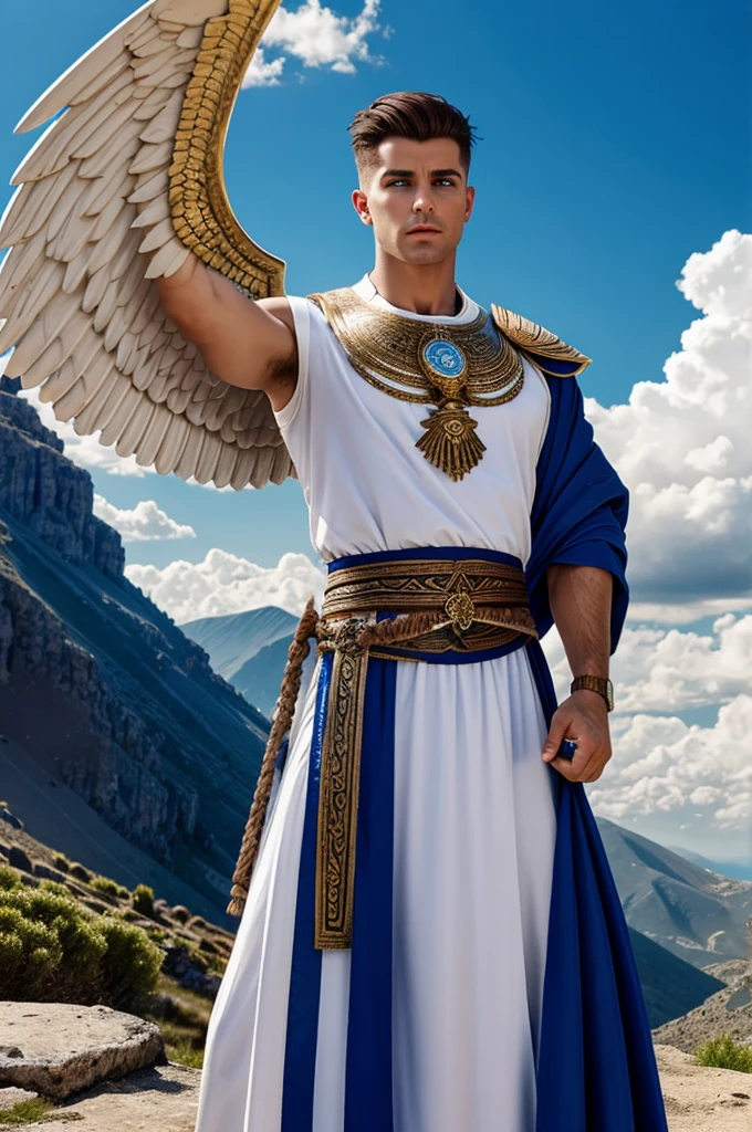 Male archangel with blue eyes and brown hair shaved sides hair wearing Greek clothing with large white wings standing on a mountain full of clouds