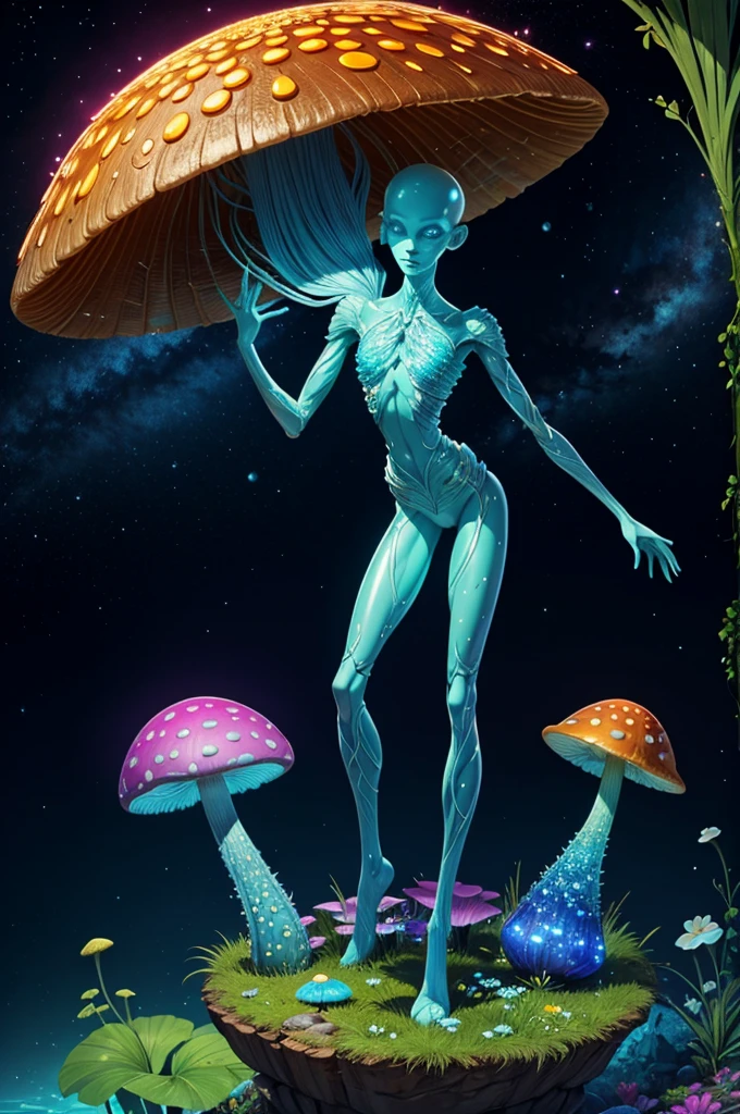 Generate images of creatures with humanoid body structures, But mainly composed of fungal elements. Its head resembles a big head, Dome-shaped crystal spring flower mushroom cap, fanciful, Colorful, Decorated with a luminous speckled pattern. Its arms are long, Flexible tendrils sprout from the shoulders, Able to be as vertical as a human hand. And not legs, It has a single, Thick, The stem is rooted in the ground. Its face is a small cluster, Bioluminescent spheres embedded in the bottom of the lid, Arranged in a way reminiscent of human facial features. photo-realism, ultra - detailed, 4K, A high resolution