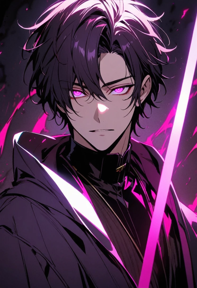male, handsome, solo, parted bang, dark magenta hair, short hair, magenta eyes, glowing left eyes