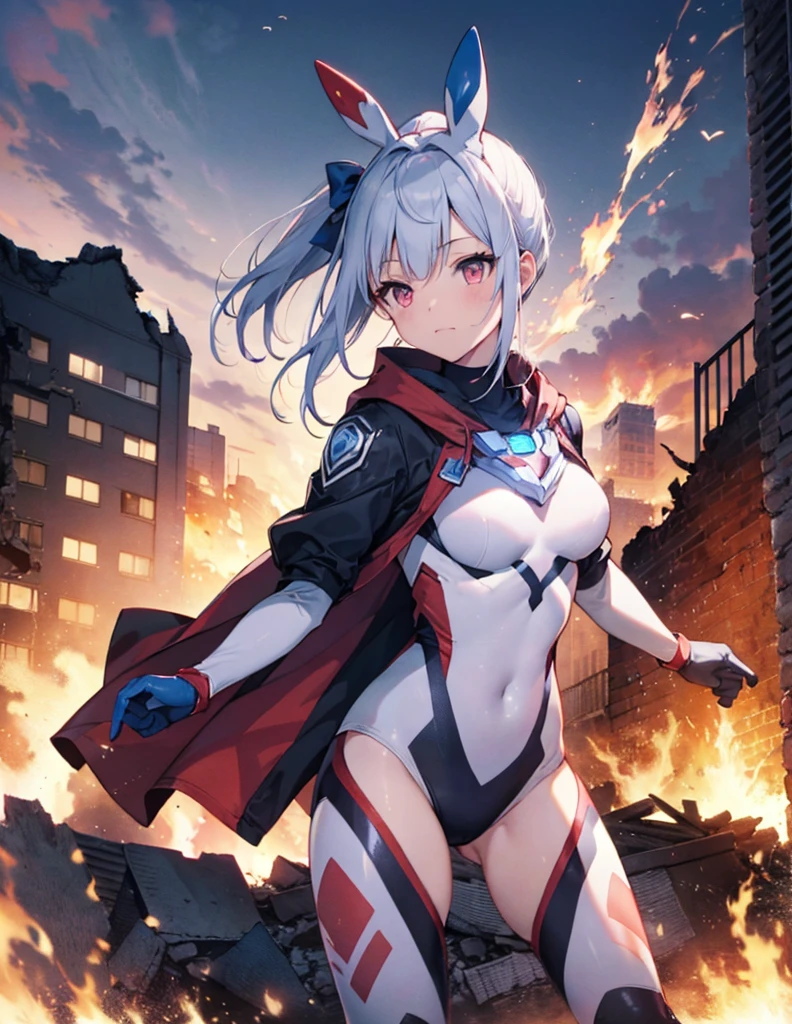 (Close-up:1.3),Realistic,Highest quality, Ultra Detail, High-quality CG rendering, The most delicate and beautiful, Floating softly, High resolution, (1 girl), (Highest quality,4K,8K,masterpiece:1.2) ,Light purple hair,Rabbit,Bunny ears,ponytail,Red eyes,(Ultra Girl:1.0),(All blue Ultraman bodysuit:1.4),(All blue gloves:1.3),(All blue shoes:1.3), (Fighting Pose:1.2), (Are standing:1.3),(A city engulfed in flames:1.3),(Buildings in flames:1.3),(Burning Ruins:1.3)
