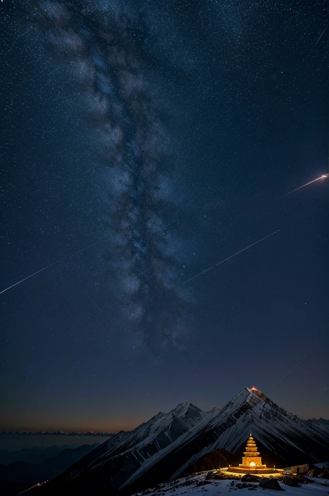 Make me a cool image of Lord shiva's trishul on mountain in the night sky with stars
