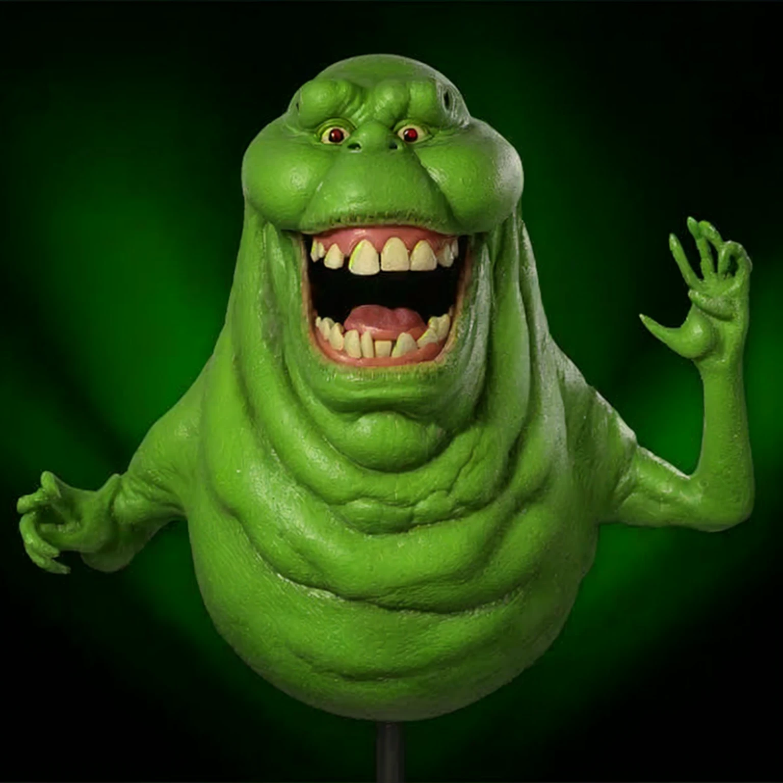 a close up of a green creature with a big smile on its face, thinner, Ghostbusters, 90s CGI,