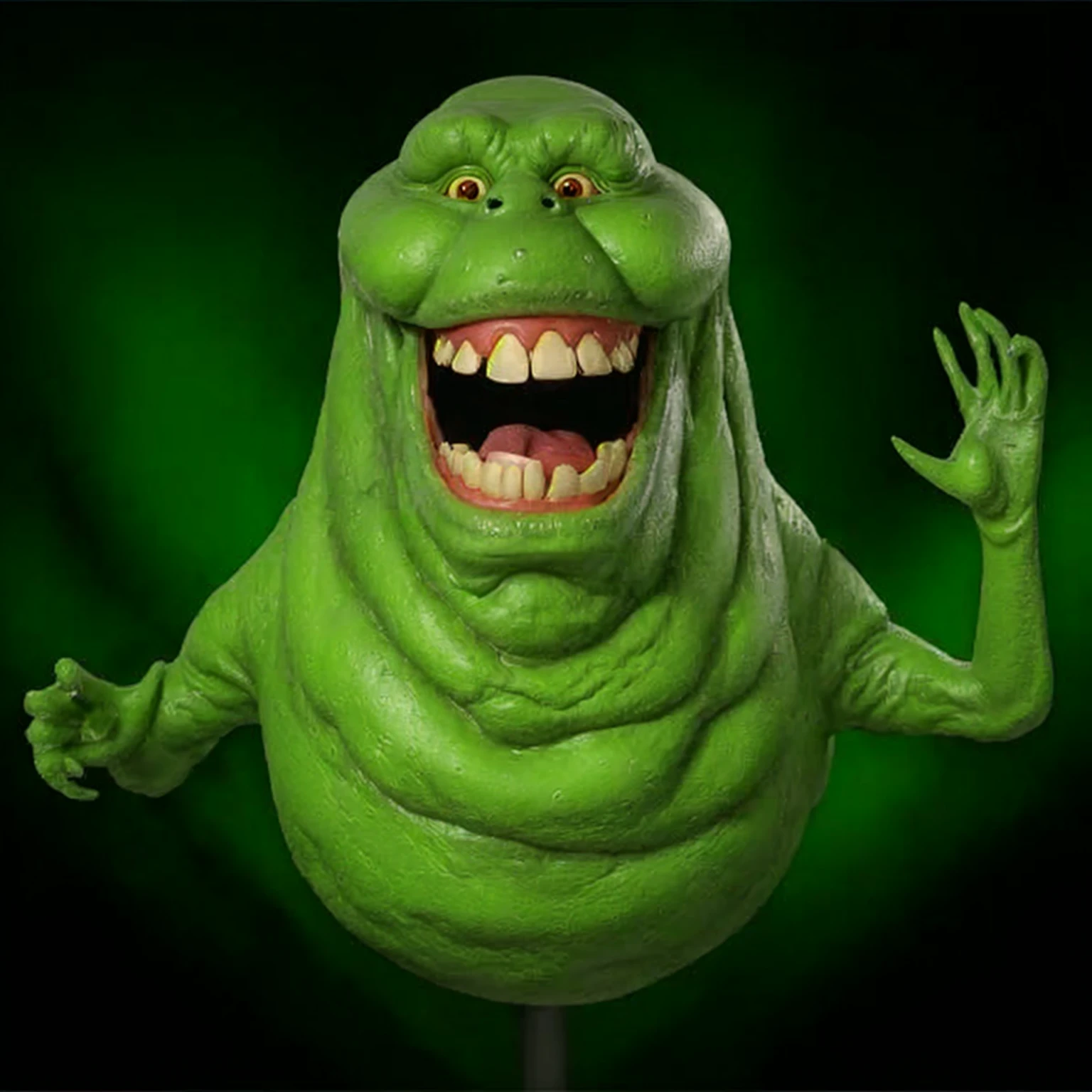 a close up of a green creature with a big smile on its face, thinner, Ghostbusters, 90s CGI,