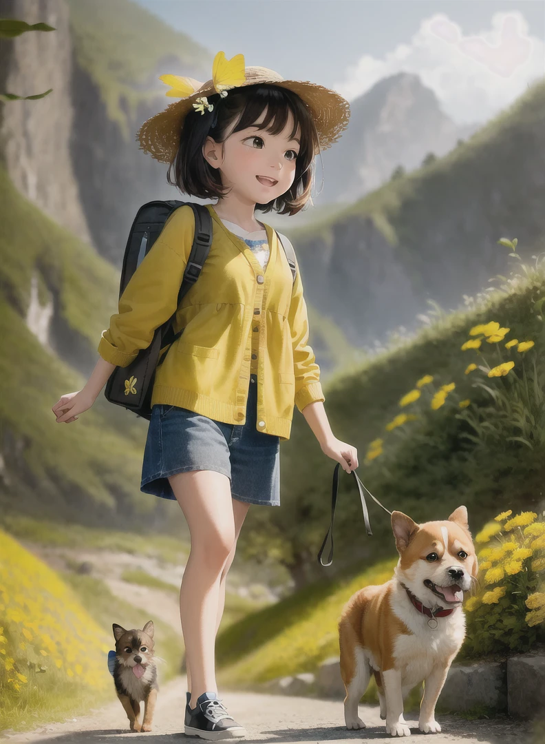 An incredibly charming  carrying a backpack, accompanied by her adorable puppy, enjoying a lovely spring outing surrounded by beautiful yellow flowers and natural scenery. The illustration is in high definition at 4k resolution, with highly-detailed facial features and cartoon-style visuals, (Butterfly Dance)