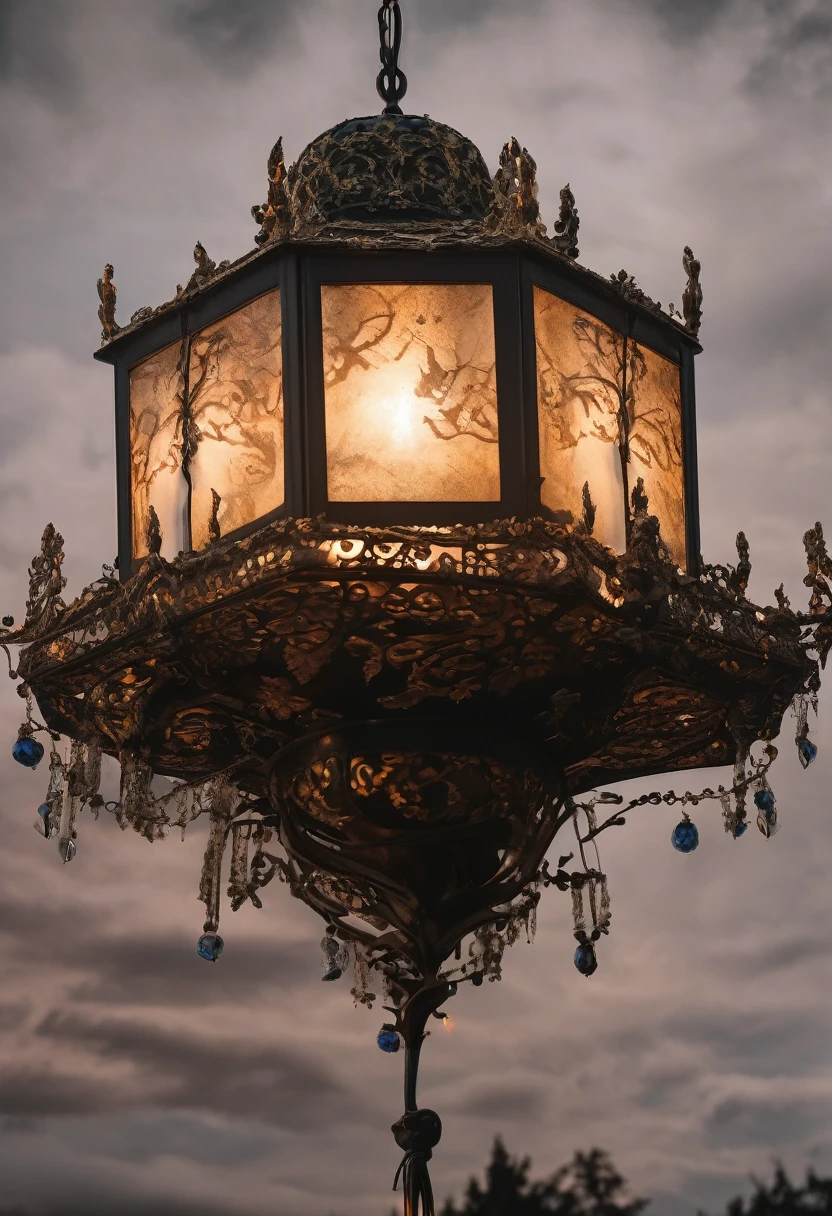 (Award-winning masterpiece:1.5), (incredible detail), (hyper realistic:1.4), (whole body:1.7), (strange noise cutting through the silence), (guttural, deep sound full of malevolence), (lanterns turning quickly in all directions), (dark forest), (dramatic lighting), (intricate details:1.1)