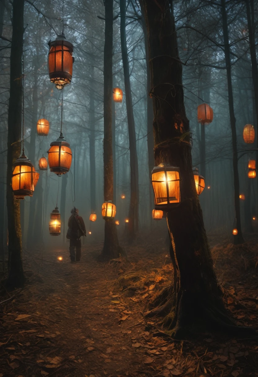 (Award-winning masterpiece:1.5), (incredible detail), (hyper realistic:1.4), (whole body:1.7), (strange noise cutting through the silence), (guttural, deep sound full of malevolence), (lanterns turning quickly in all directions), (dark forest), (dramatic lighting), (intricate details:1.1)