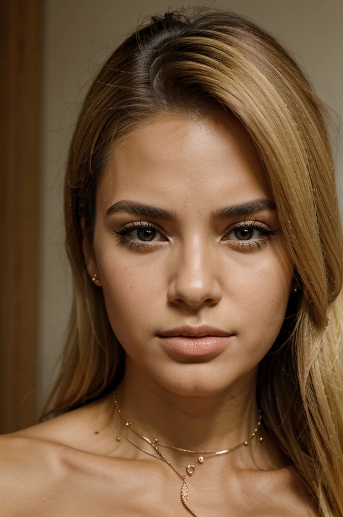 Make a Brazilian woman, with serious face, neckleace, blonde, and small nose