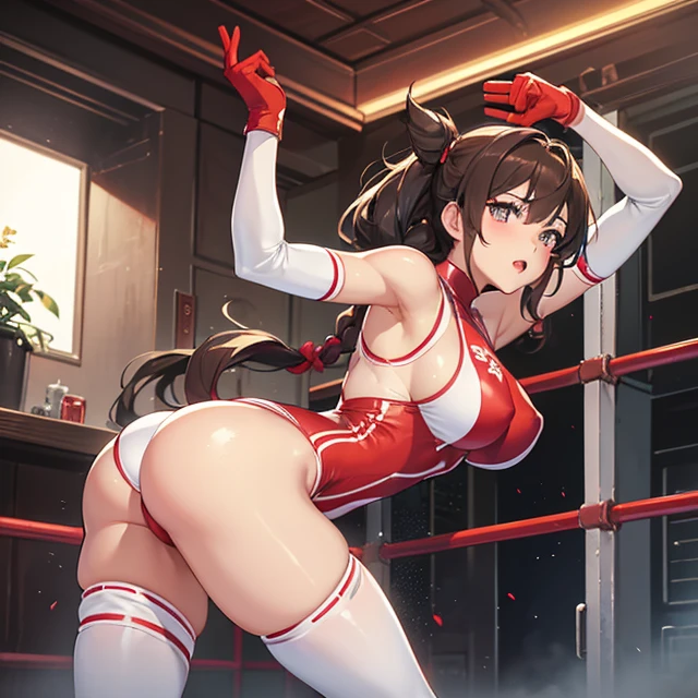(masterpiece image, very detailed image, best high quality high definition image), solo character, back view, female wrestling aftermath victory
High very detailed Quality image, back view
1girl, 28 years old latina girl, dark brown tanned skin, blue grey eyes, happy cheerful attitude, absolute feminine beauty, long dark brown hair tied on braid, pink flower at left side of the hair, thin pale mouth lips, big breasts, beautiful arms, beautiful legs, (Red one-piece Leotard with a white stripe on the hips, red wrestling boots, white knee pads, white elbows pads and red sleeves with red gloves)
Dirty gym and wrestling gym