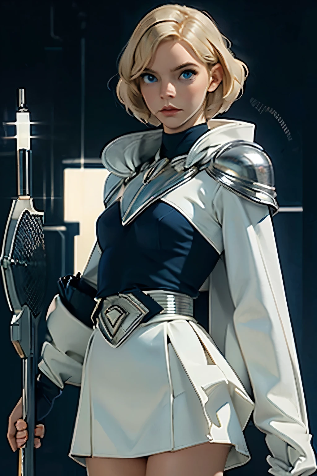 powerful, 1 girl, artist request, waist belt, Short blonde hair, white with possible cover sleeves, mitts, booties, no characteristic features, fully body, blue colored eyes, high resolution, gazing at viewer, krypton, DC Comics, shorth hair, simple background, standing alone, Kara Jor-El: Cheiro de krypton,