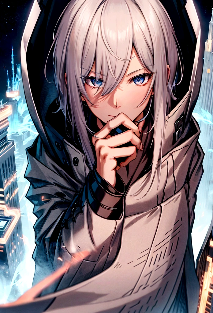 Futuristic, man, Mage, holding pencil, wearing an overcoat ,an anime face, high face definition , Ultra Hd, 4K, whole body, white hair, well defined hands, very detailed hands
]