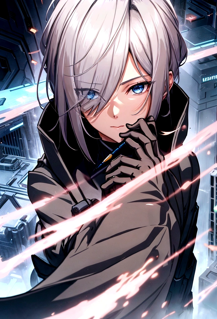 Futuristic, man, Mage, holding pencil, wearing an overcoat ,an anime face, high face definition , Ultra Hd, 4K, whole body, white hair, well defined hands, very detailed hands
]