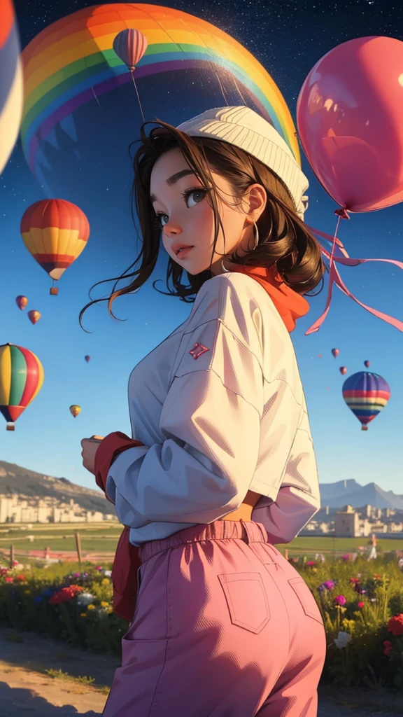 divinity grecques, Paysage de nuit qui passe, Balloon, Une belle fille avec, UHD Portrait, (High quality) (ultra details) Regarder le spectateur en tenue de ville de style hip-hop; different, colourfull, cheveux longs 🌈