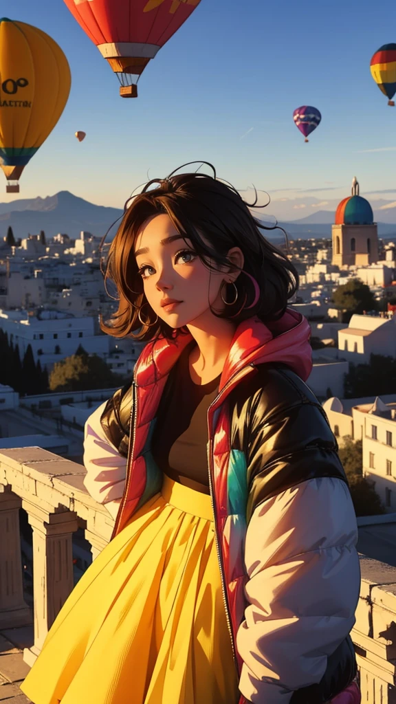 divinity grecques, Paysage de nuit qui passe, Balloon, Une belle fille avec, UHD Portrait, (High quality) (ultra details) Regarder le spectateur en tenue de ville de style hip-hop; different, colourfull, cheveux longs 🌈
