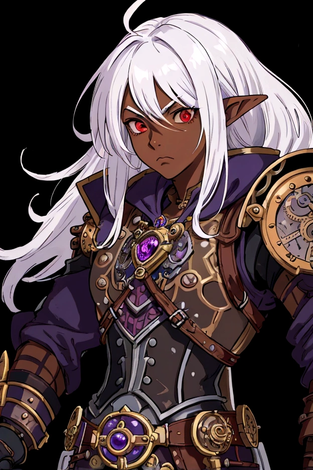 ((best quality)), ((masterpiece)), (detailed), ((boy)), ((mix between dungeonpunk and steampunk armor)), (serious), fantasy illustration, dark skinned, human, upper body, portrait, red eyes, long white hair, (wearing armor), Xemnas from Kingdom Hearts, half-drow, pointy ears, serious face, dramatic lighting, purple hue, art by Kinema Citrus and Tetsuya Nomura