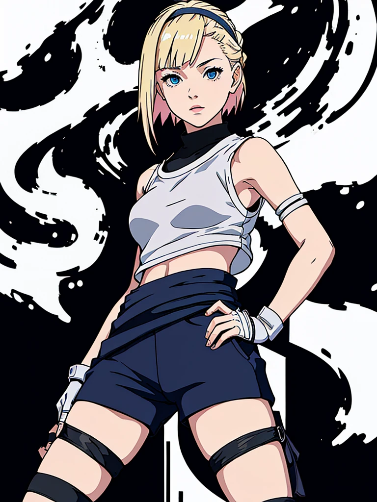 young girl, Blonde, blue eyes, bangs, short shoulder length hair, pink lips, big breasts, small waist, flat stomach, Wide hips, big thighs, ninja, loose black pants below the waist, foot bandages, white cropped t-shirt, short sleeves, gloves, ninja style, konoha bandana on the waist, Leaf Village, stop looking at the village, perfect lighting, detailed shadows, high quality, HD, 4k, Masterpiece