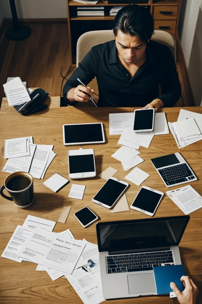 a person at a desk cluttered with multiple open tabs on their computer, a phone buzzing with notifications, a half-finished coffee, and papers scattered around. This scene illustrates how trying to handle too many tasks at once can overwhelm the mind, leading to mental fatigue, while also potentially leading to physical fatigue from the stress and strain of trying to keep up with everything.