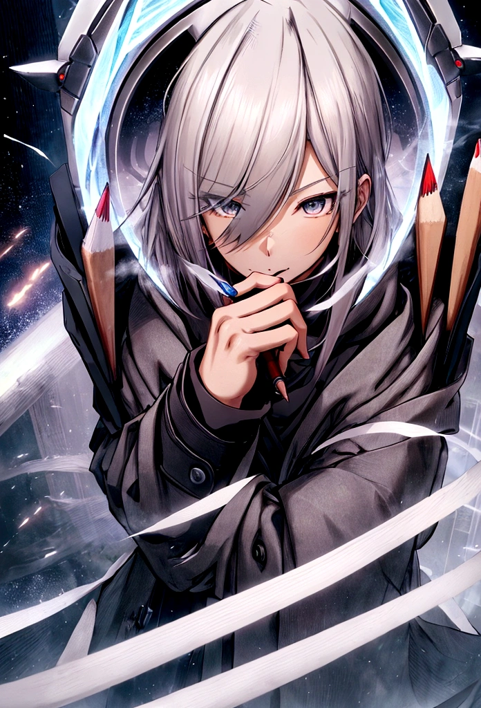 Futuristic, man, Mage, holding pencil, wearing an overcoat ,an anime face, high face definition , Ultra Hd, 4K, whole body, white hair, well defined hands, very detailed hands