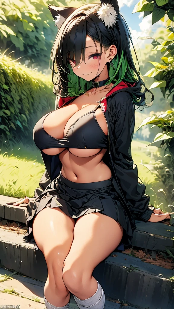   , Croped, , , slim waist, cropped hoodie , cropped hoodieunderboobhoodie, 1girl, 2 wolf ears, wolf tail,  crop hoodie, crop shorts,  hoodie, spiky hair, spiky fur, green hair, red eyes, field scenery, tight clothes, perfect eyes, perfect hands, clear resolution, full body,  skin,  plants, open hoodie,  scenery, black thigh high socks, full body, earrings, 1girl, skirt,  , slim waist, , slim waist, hair pulled back, 