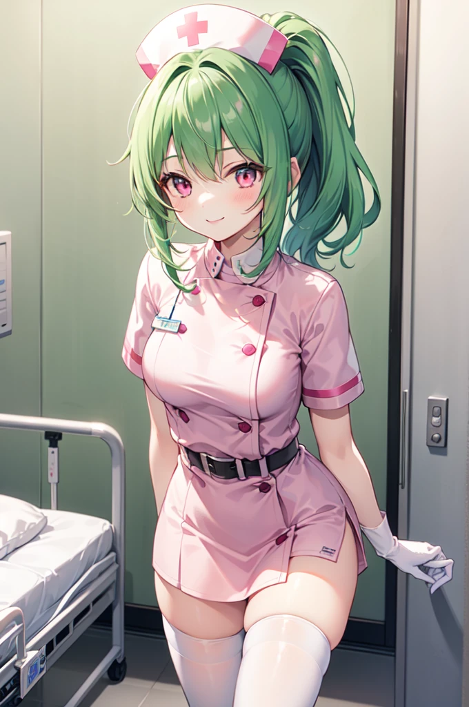 1girl, solo, nurse, nurse cap, white nurse uniform, ((white legwear, zettai ryouiki)), white gloves, ponytail, green hair, pink eyes, smile, standing, ((hospital room)), sharp outline, short sleeves, best quality, masterpiece