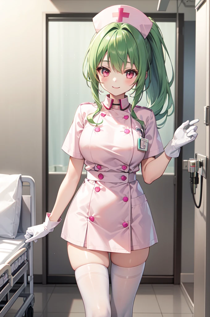 1girl, solo, nurse, nurse cap, white nurse uniform, ((white legwear, zettai ryouiki)), white gloves, ponytail, green hair, pink eyes, smile, standing, ((hospital room)), sharp outline, short sleeves, best quality, masterpiece