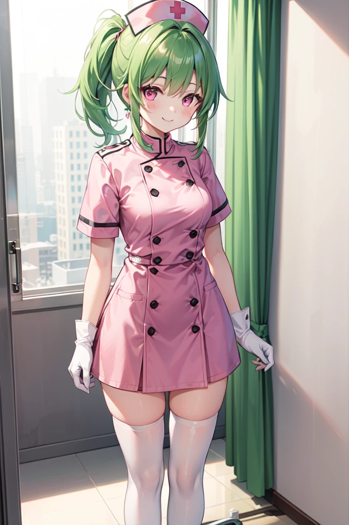 1girl, solo, nurse, nurse cap, white nurse uniform, ((white legwear, zettai ryouiki)), white gloves, ponytail, green hair, pink eyes, smile, standing, ((hospital room)), sharp outline, short sleeves, best quality, masterpiece