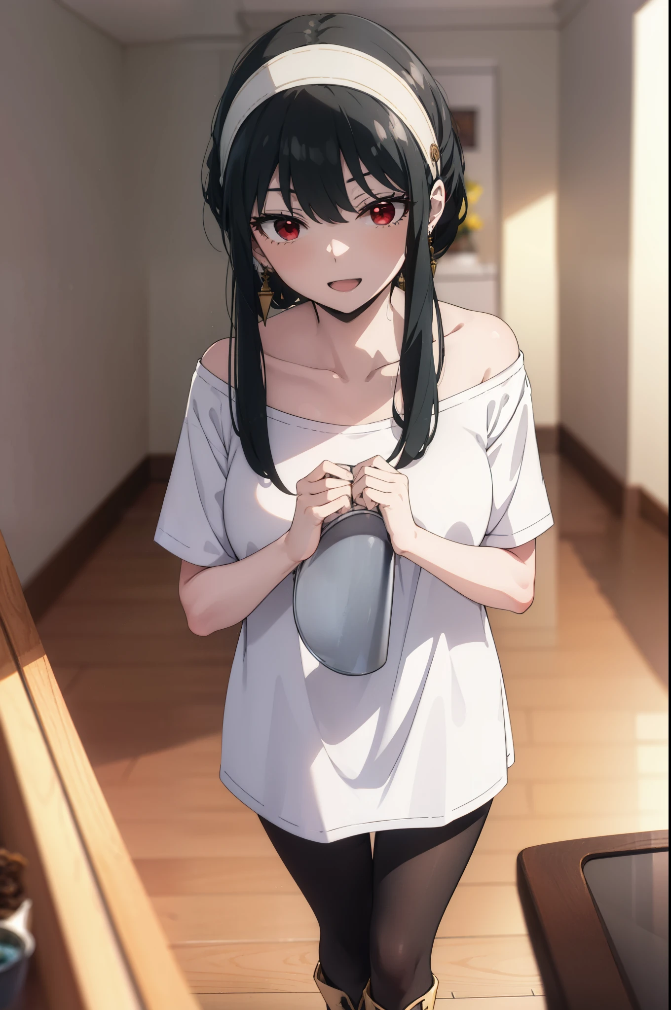 Yorbraia, Yor Briar, Black Hair, (Red eyes:1.5), Earrings, gold hair band, hair band, Long Hair, (Medium chest:1.2), happy smile, smile, Open your mouth,Oversized one-shoulder t-shirt,Shorts,Black pantyhose,short boots,,whole bodyがイラストに入るように,Walking,food, drink, Tables and chairs, cleaning, tray, tray in one hand
break indoors,room,living,
break looking at viewer, whole body,
break (masterpiece:1.2), Highest quality, High resolution, unity 8k wallpaper, (figure:0.8), (Beautiful attention to detail:1.6), Highly detailed face, Perfect lighting, Highly detailed CG, (Perfect hands, Perfect Anatomy),