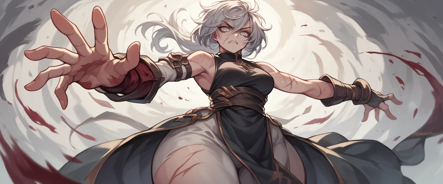 Pale skinned woman with burn scars on her left arm and below her left eye with silver hair, , big  and silver colored eyes. In an epic pose