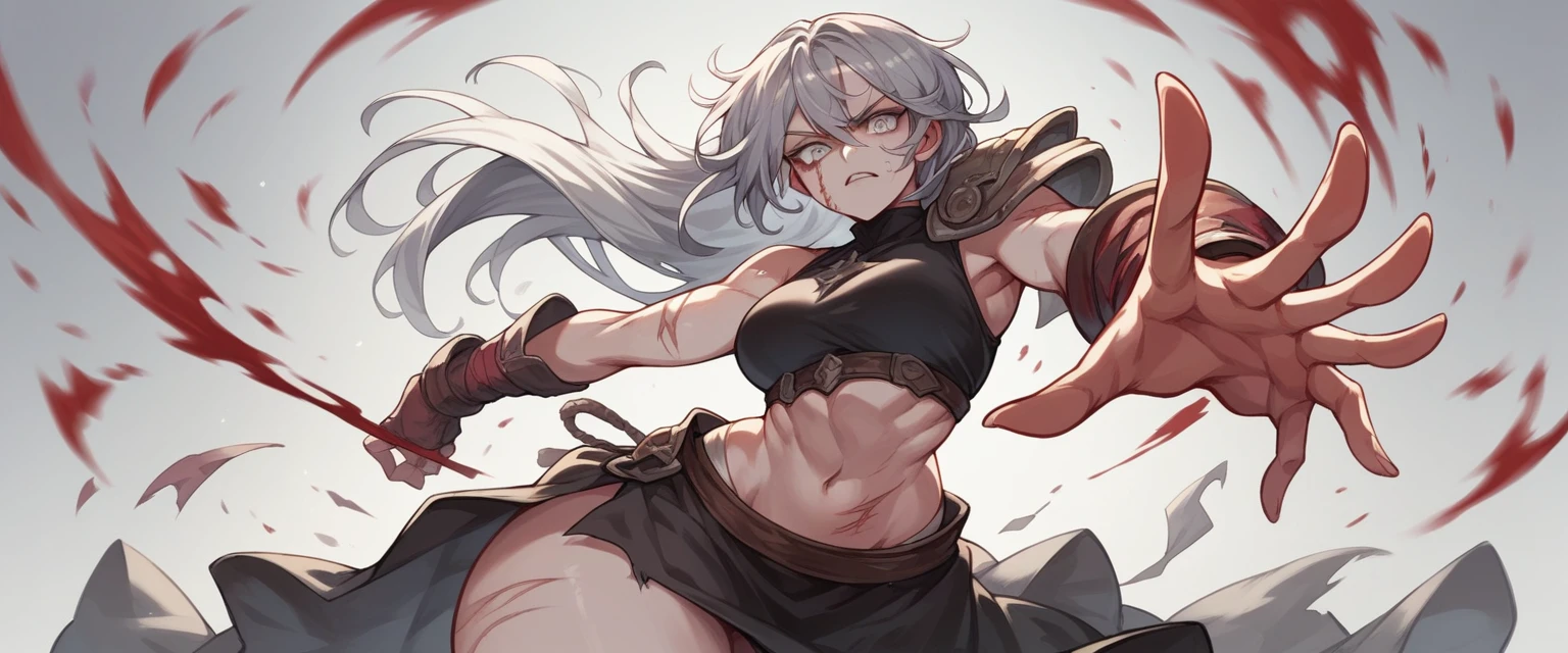 Pale skinned woman with burn scars on her left arm and below her left eye with silver hair, , big hips and silver colored eyes. In an epic pose