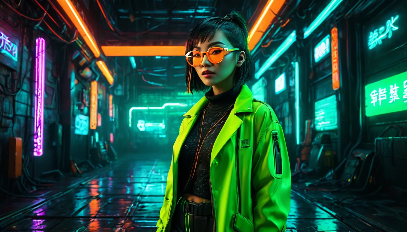 Cyberpunk Background，Neon，A woman wearing orange and green national trend style，抱着Neon，Wear round glasses，High Definition Rendering