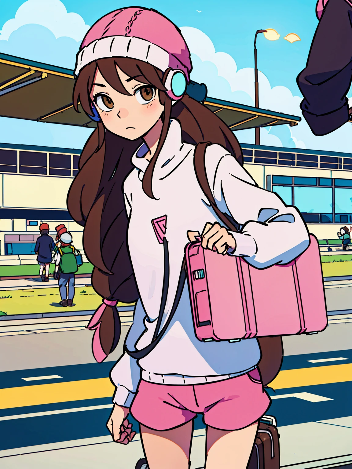 (top-quality:0.8), (top-quality:0.8), perfect anime illustration, airport, Pink carry case, Leaning on the carry case, View your phone, Braids, brown hair, knit hat, (headphones)