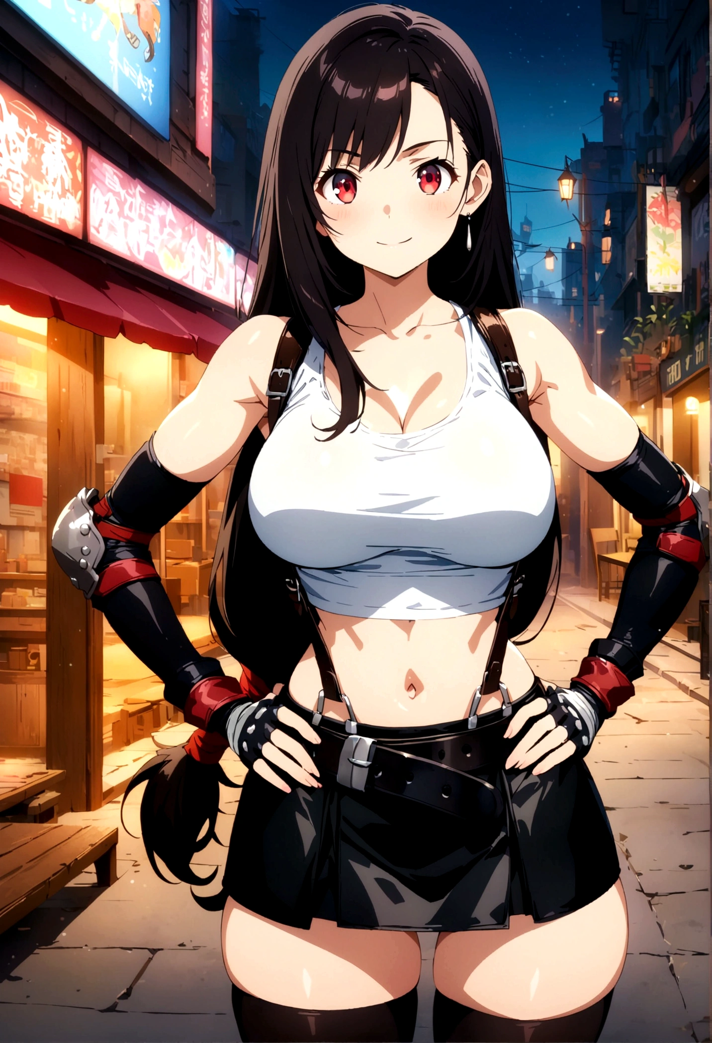 score_9, score_8_up, score_7_up,4k, ,BREAK , from front,thighs focus,standing,straight-on,hands on hips,,(medium shot),looking_at_viewer ,1girl, tifa lockhart, final fantasy, tareme,black hair, low-tied long hair, red eyes, bangs, white tank top, belt, pleated skirt, thighhighs, elbow fingerless gloves, elbow pads, midriff, navel,suspender skirt ,big_breasts,(light smile),Curvy waist ,Solo,,(midnight and beachside and city),Toned,,detailed skin,(best quality),(aesthetic,very aesthetic),masterpiece, best quality, ultra detailed, highres,4k,(ultra-detailed:1.4) (illustration:0.5), (ray tracing,:0.8),(anime colored:0.7),(ai-generated:0.5), (anime screencap:0.8),