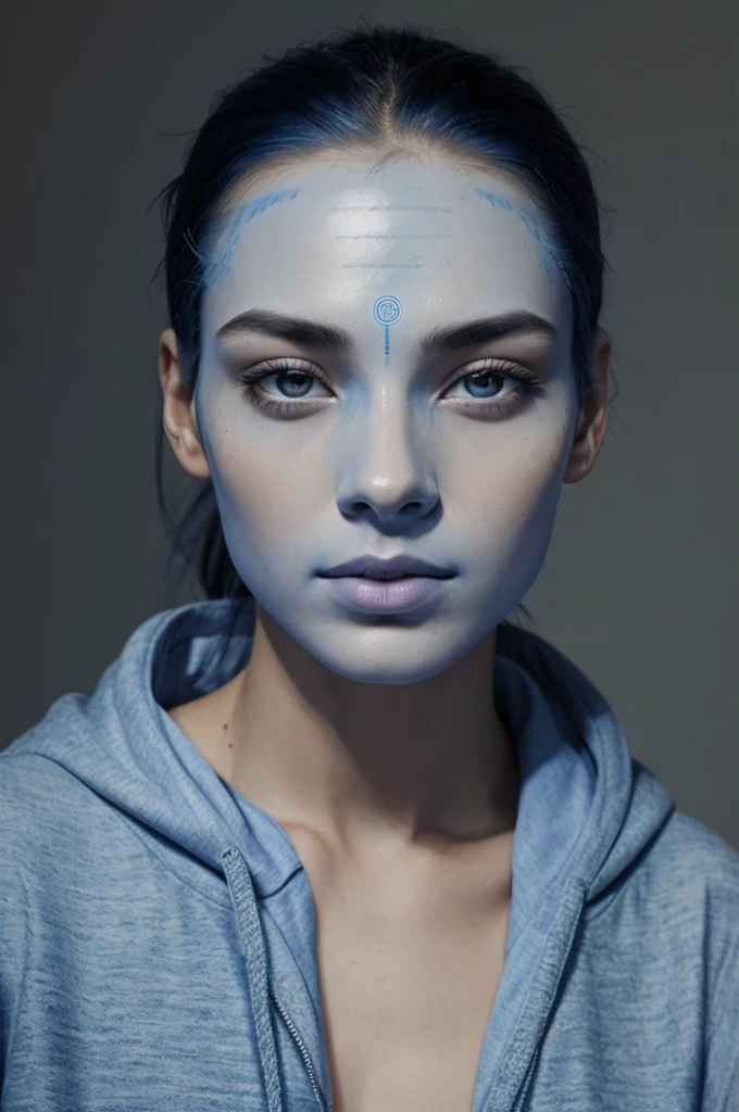 there is a woman with a blue face and a hoodie, yo virtual, attractive androgynous humanoid, Clean symmetrical face, blue head, androgynous face, symmetrical portrait science fiction, thin symmetrical face, Vogue&#39;s symmetrical facial portrait, Portrait of humanoid woman, Symmetrical illustration of faces, symmetry!! cyborg portrait