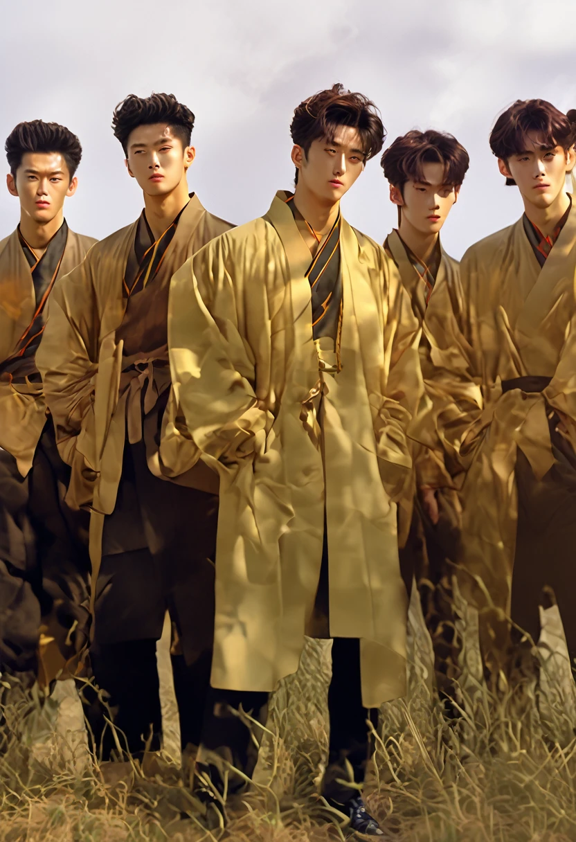 cinematic very 4k HD hIGH res depict a small group of korean guys witj a range of these looks tall lean very buffed korean guy with dark or medium naturally wavy red brown hair kinda angular angles sculpted look and face very light hazel or amberlike or even goldden honey colored eyes yellowish olive complexioned show guy with a variance of this type of looks