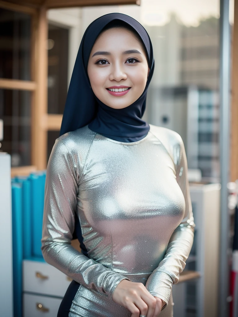 36 years Old, Hijab Indonesian mature woman, (hardware store), Slim body, tight long sleeve dress, Breast about To burst out, blur background, bokeh, smiling, elegant, detailed skin,