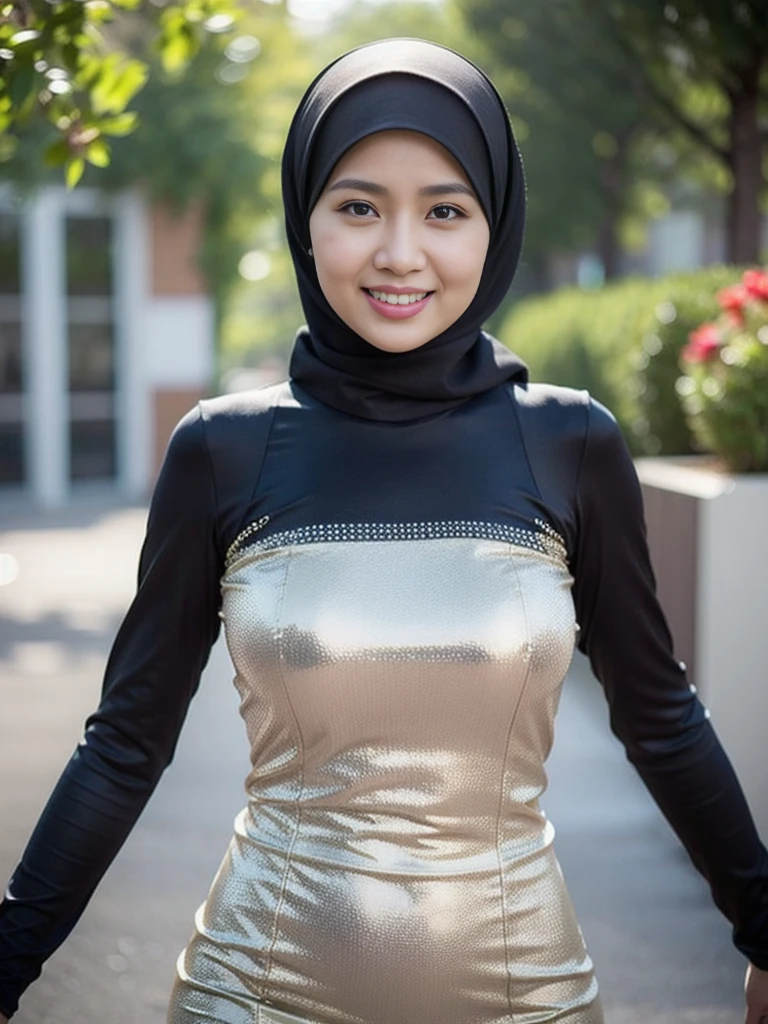 36 years Old, Hijab Indonesian mature woman, (hardware store), Slim body, tight long sleeve dress, Breast about To burst out, blur background, bokeh, smiling, elegant, detailed skin, 