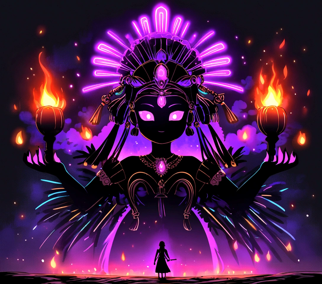 The silhouette of Quetzalcoatl against a horizon lit with neon lights, campfires and glowing into the night.