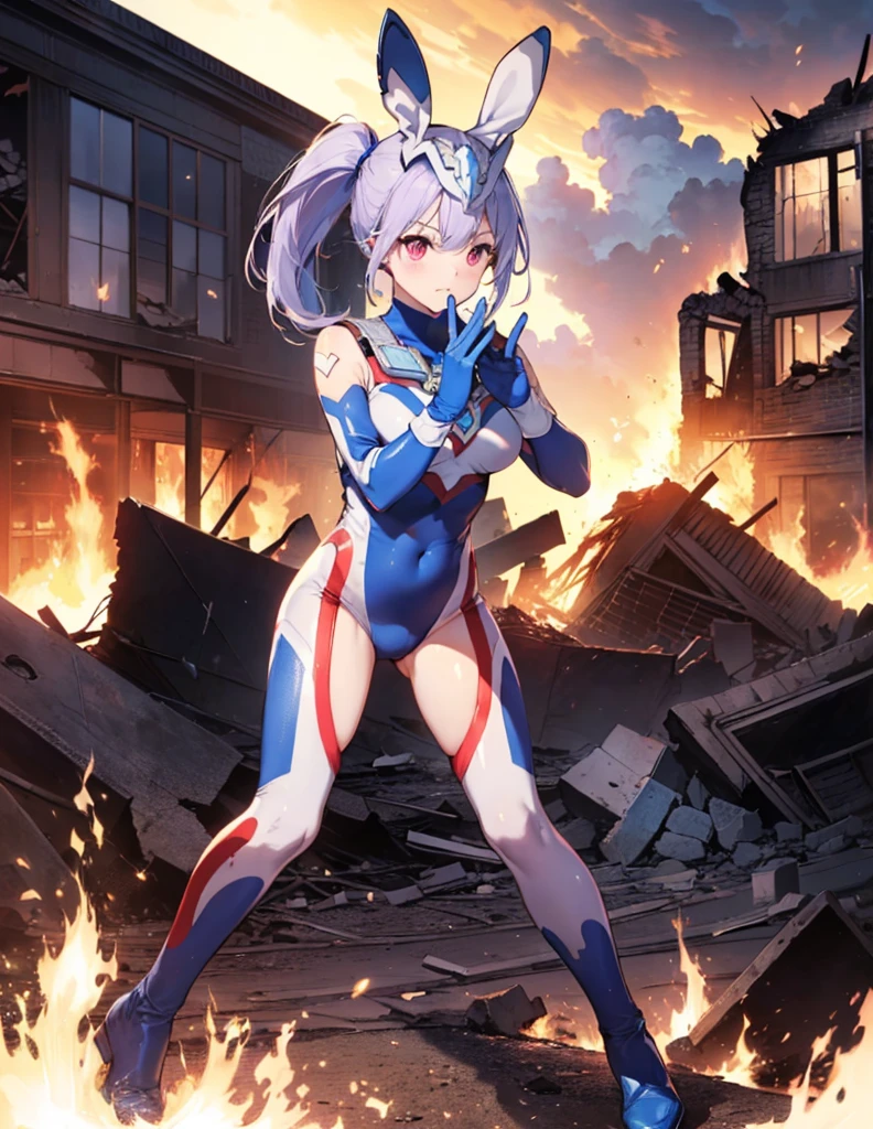 (Close-up:1.3),Realistic,Highest quality, Ultra Detail, High-quality CG rendering, The most delicate and beautiful, Floating softly, High resolution, (1 giant girl), (Highest quality,4K,8K,masterpiece:1.2) ,Light purple hair,Rabbit,Bunny ears,ponytail,Red eyes,(Ultra Girl:1.0),(All blue Ultraman bodysuit:1.4),(All blue gloves:1.3),(All blue shoes:1.3), (Fighting Pose:1.2), (Are standing:1.3),(A city engulfed in flames:1.3),(Buildings in flames:1.3),(Burning Ruins:1.3)