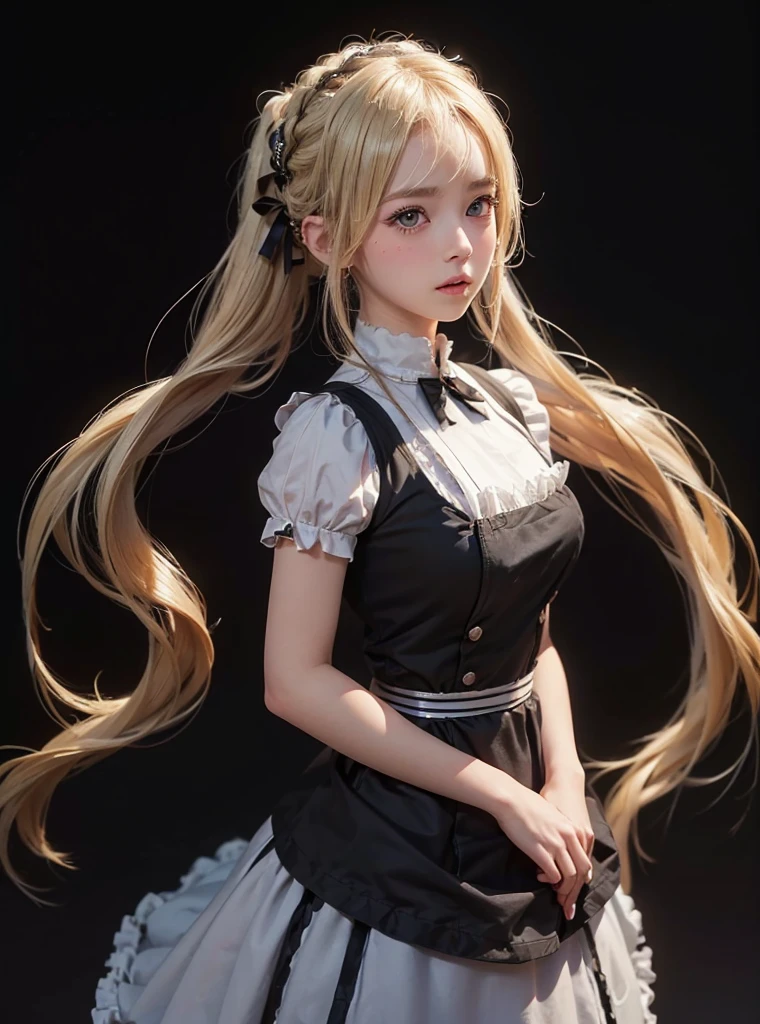 a beautiful girl,blonde pigtail hair,(((looking at the viewer))),standing,blush face,(Very Detailed: 1.3),ultra realistic,HDR,(High Dynamic Range),8K RAW,(((1GIRL))),(((wearing maid dress))),(((black background))),masterpiece,best quality,perfect proportions