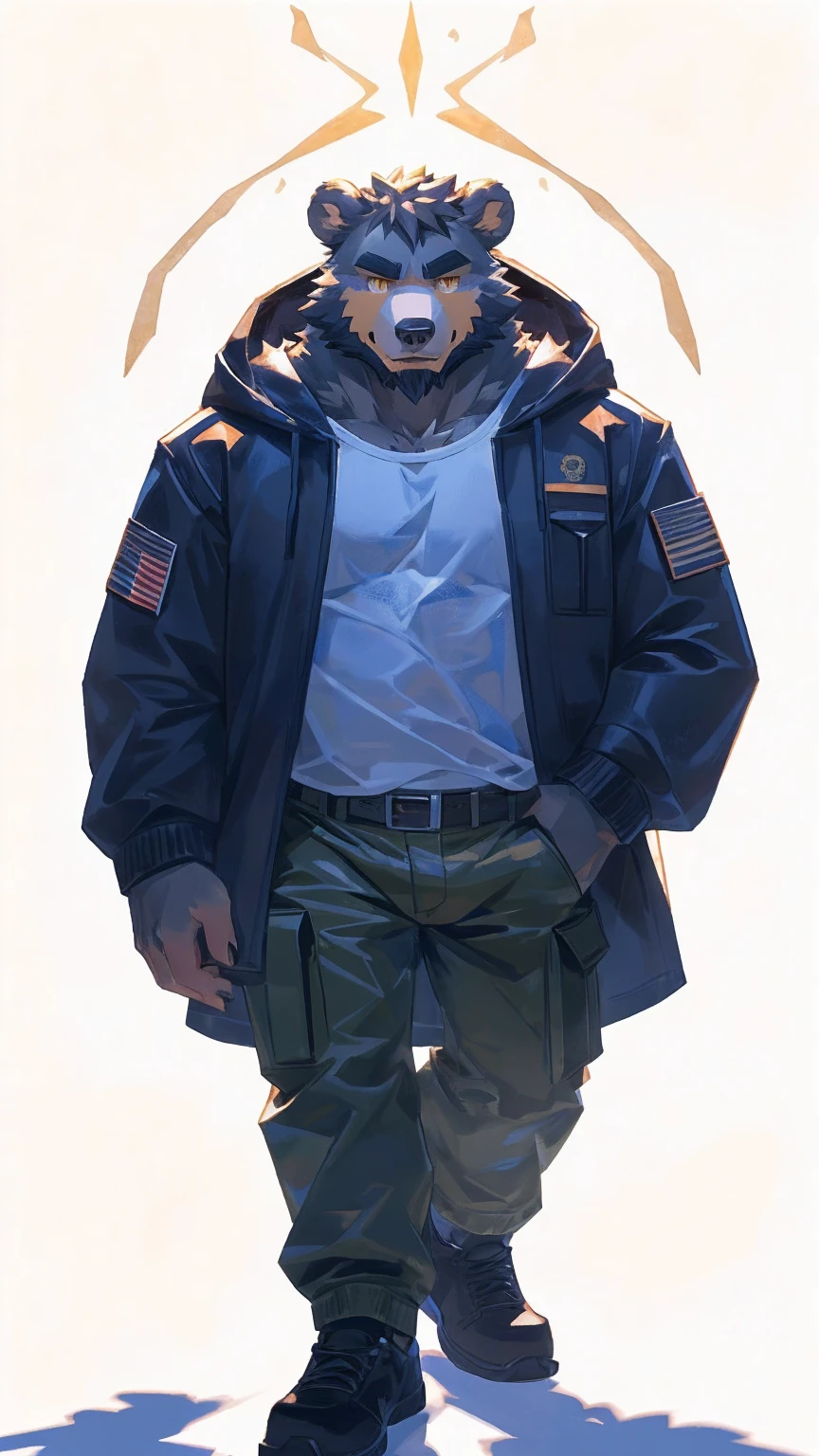(masterpiece:1.2), best quality,pixiv,official art,perfect anatomy, (Ray tracing, light),solo, (1_male:1.3) , (muscle), (grey fur:1.4), (muscle bear), (beard:1.2), (gleaming golden eyes), bear tail, Thick black eyebrows,(open hooded parka), (shirt inside), jeans, (cargo pants:1.2), black shoes, (pure white background: 1.3)