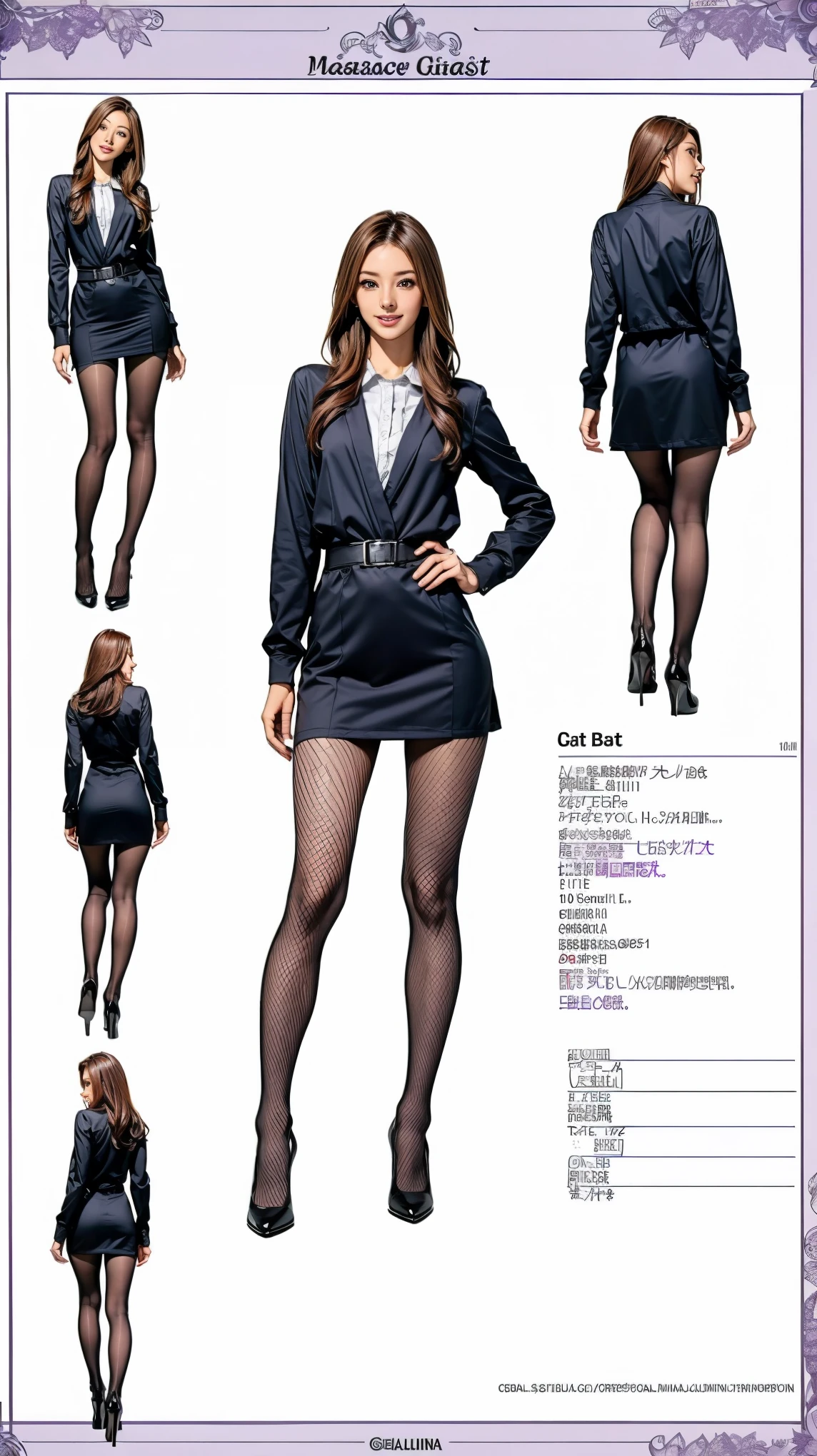 ((masterpiece)),(((Highest quality))),((Character design sheet)),Thin thighs,Long legs,wearing black fishnet tights:1.5,The best smile:1.5,Full Body Shot:1.5,masterpiece, Highest quality, One Girl, Elaina_(May_no_gossip), Silver Hair, Purple eyes, Long Hair,