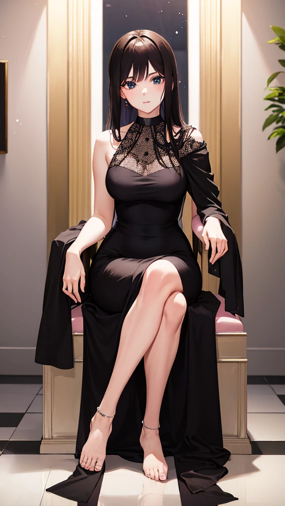 Waiting sitting at a party in a black gala dress 