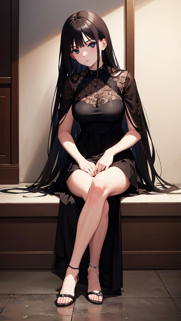 Waiting sitting at a party in a black gala dress 