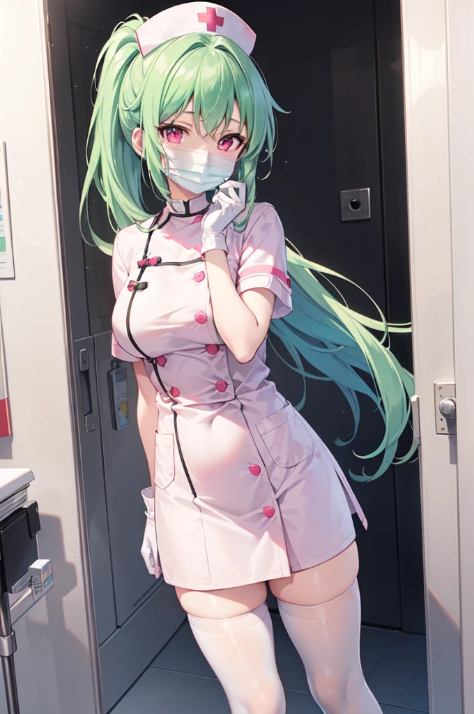 1girl, solo, nurse, nurse cap, white nurse uniform, ((white legwear, zettai ryouiki)), white gloves, ponytail, green hair, pink eyes, ((white surgical mask, covered nose)), standing, ((hospital room)), sharp outline, short sleeves, best quality, masterpiece