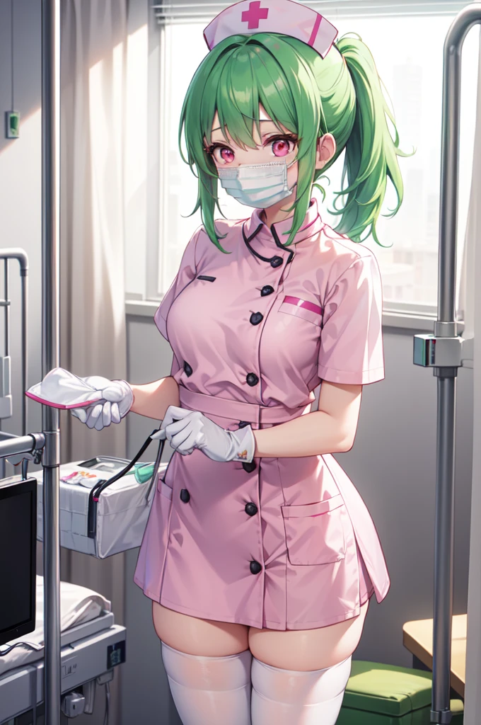 1girl, solo, nurse, nurse cap, white nurse uniform, ((white legwear, zettai ryouiki)), white gloves, ponytail, green hair, pink eyes, ((white surgical mask, covered nose)), standing, ((hospital room)), sharp outline, short sleeves, best quality, masterpiece
