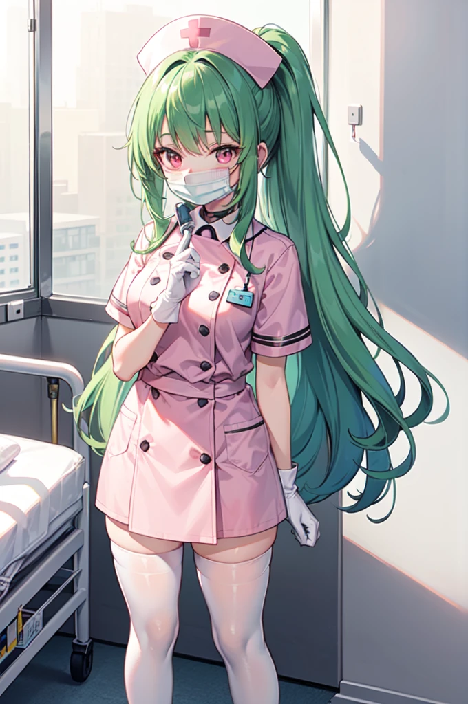 1girl, solo, nurse, nurse cap, white nurse uniform, ((white legwear, zettai ryouiki)), white gloves, ponytail, green hair, pink eyes, ((white surgical mask, covered nose)), standing, ((hospital room)), sharp outline, short sleeves, best quality, masterpiece
