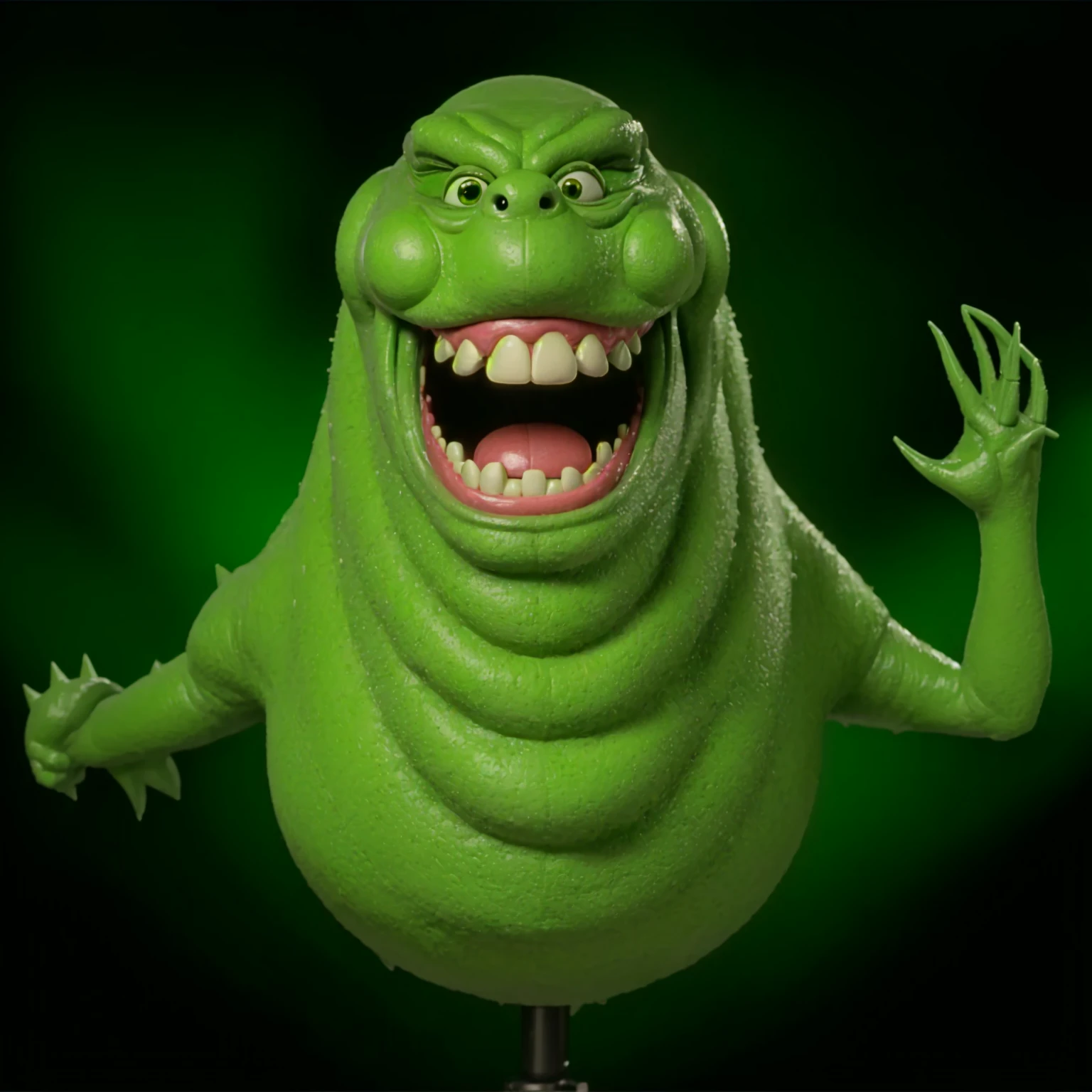 a close up of a green creature with a big smile on its face, thinner,  Ghostbusters, 90s CGI, 